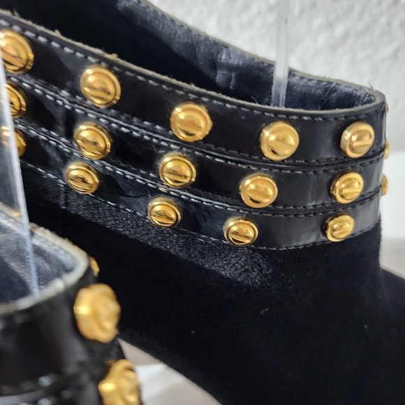 Kat Maconie Black Suede Peep Toe Ankle Booties Gold Studs Zip Heel US 8 EU 39 - Picture 10 of 12